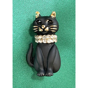 NWOT Black Enamel Cat Brooch Lapel Pin Rhinestone Collar Whiskers Tail Feline